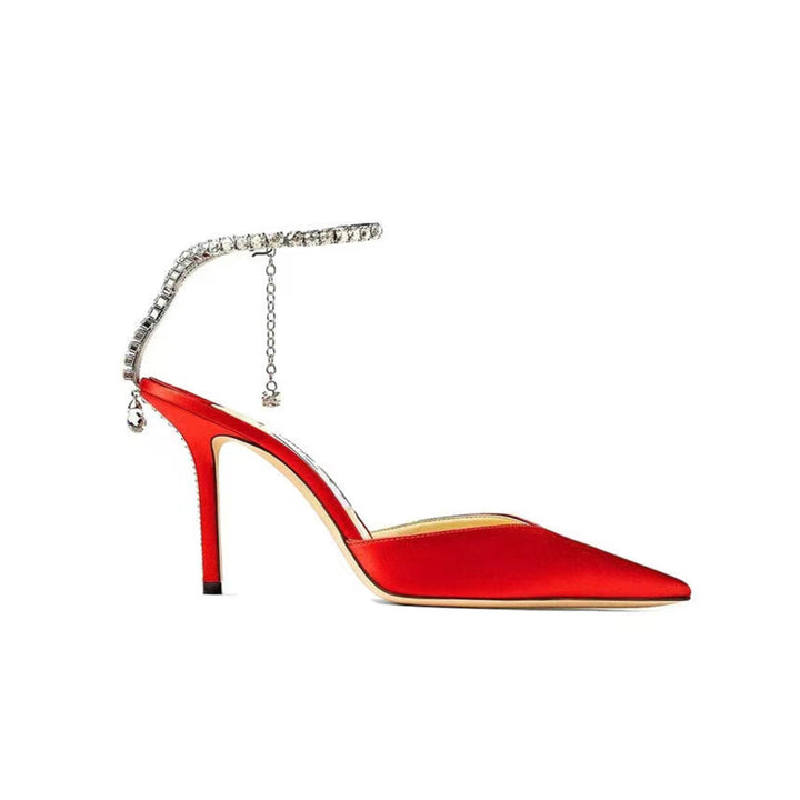 RISIA Ankle Diamante Satin Mid Heel Sandals - 8cm
