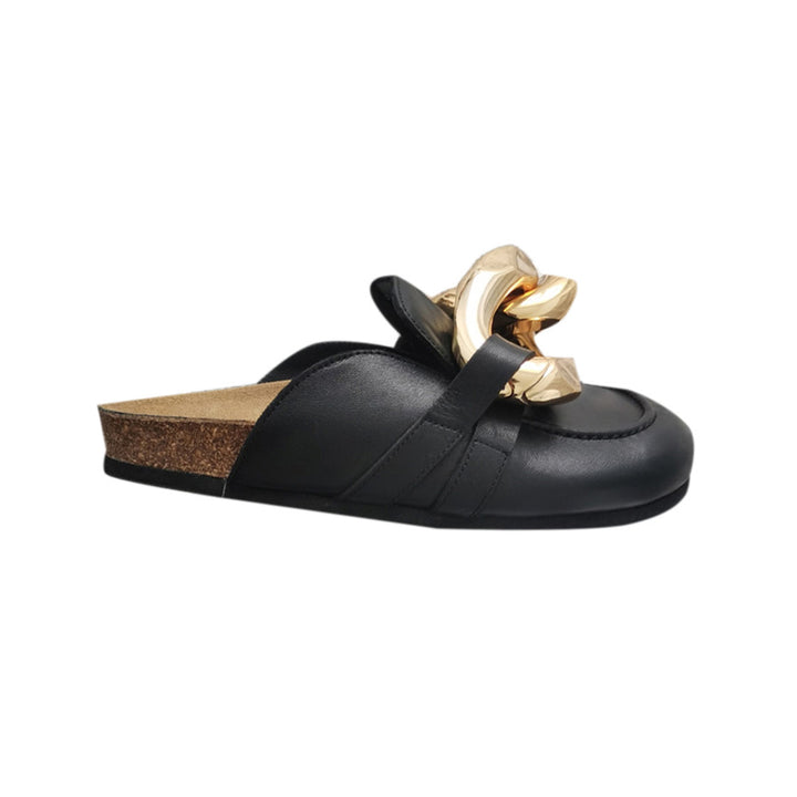 RIYON Chain Embellished Leather Flat Slippers Slides