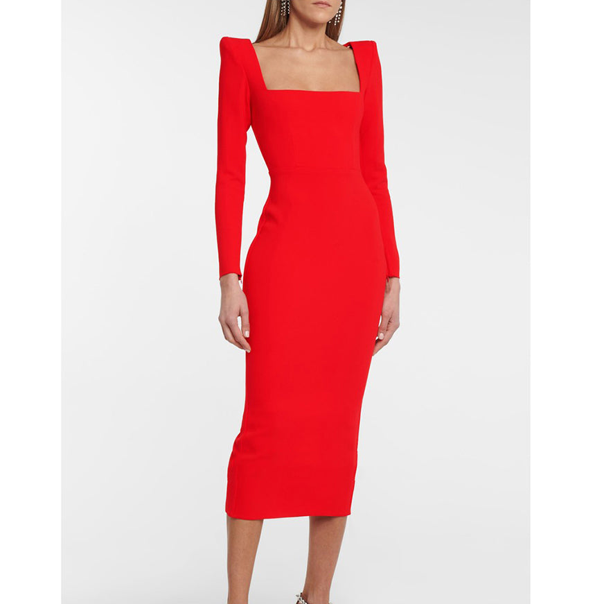 Red SATUN Square Collar Long Sleeves Evening Dress Gown