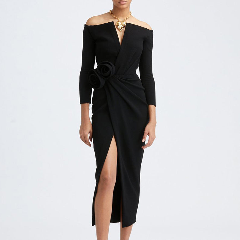 black off shoulder wrap dress Black SIRIO Off-Shoulder Slip Evening Dress Gown
