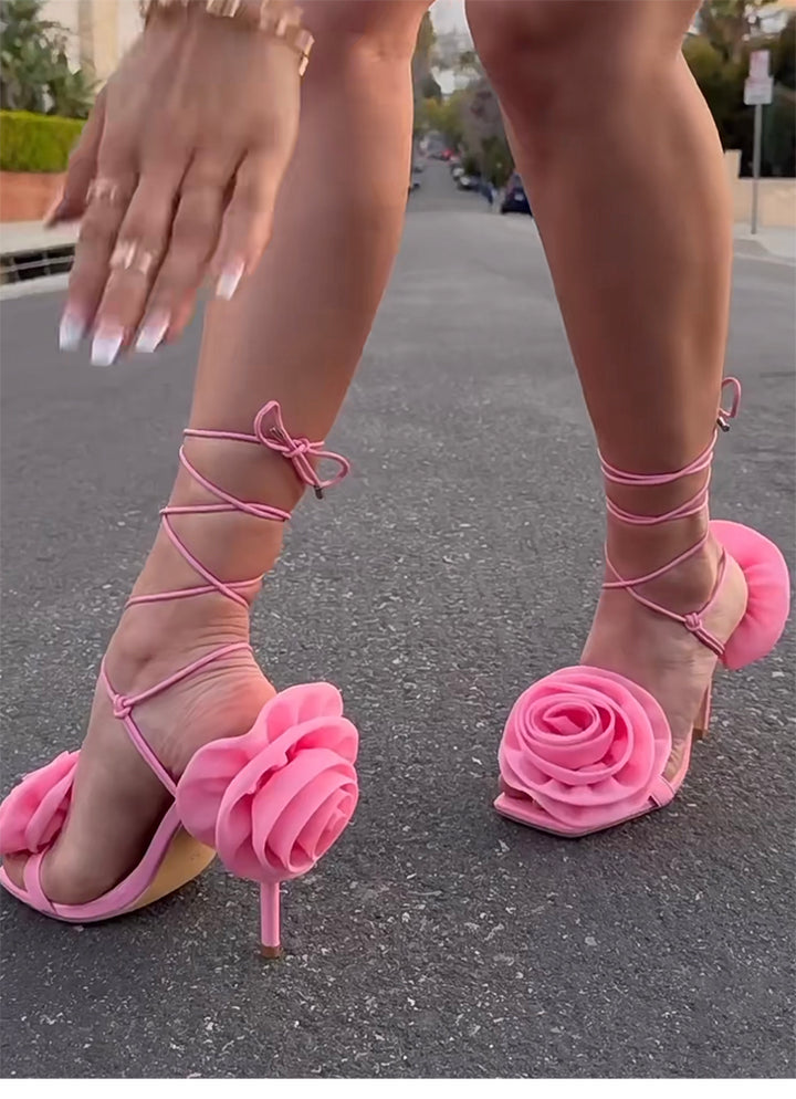 SURKO Flower Lace Up Mid Heel Sandals