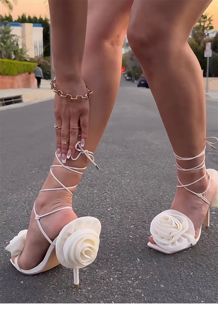 SURKO Flower Lace Up Mid Heel Sandals