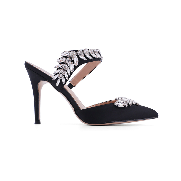 VAZIA Diamante Strap Satin High Heel Mules Sandals