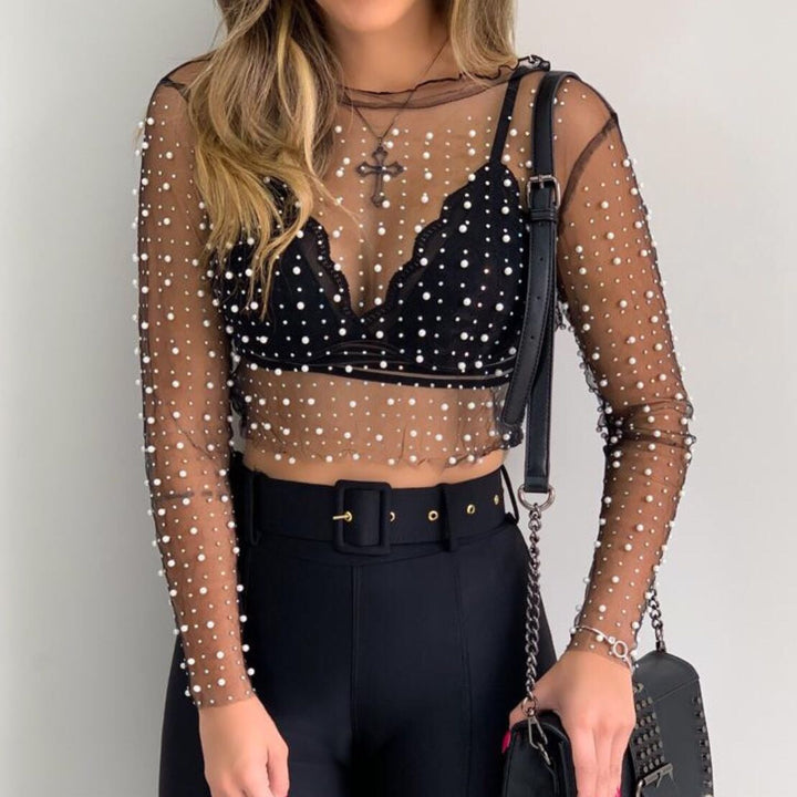 VERIL Pearl Embellished See-Through Top