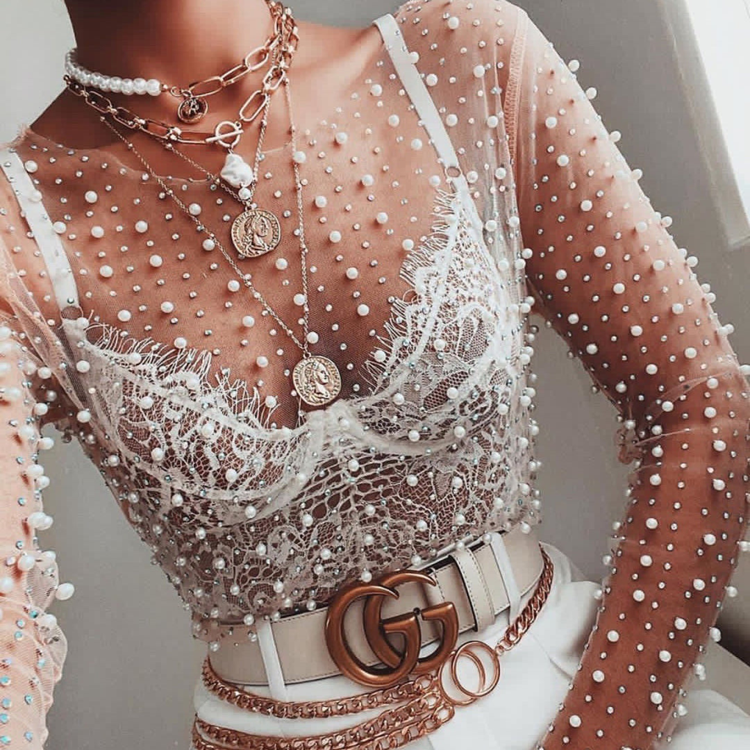 VERIL Pearl Embellished See-Through Top