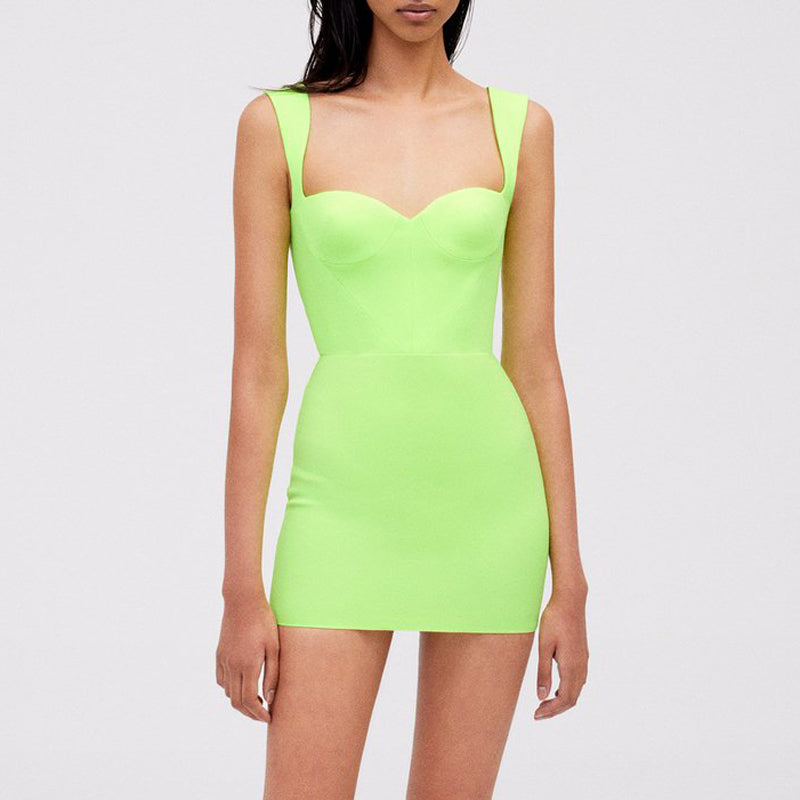 neon green short dress ASOS DESIGN embellished sequin draped front mini dress with high neck and open back in neon green