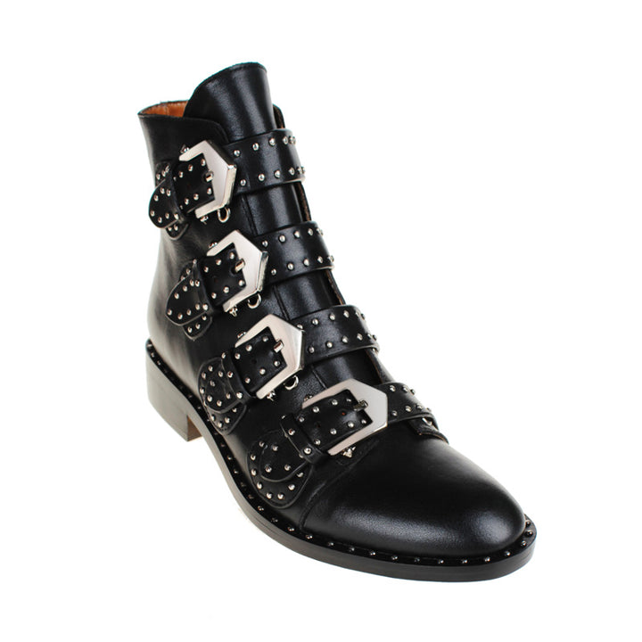 Exclusive - LEWIS Studded Buckled Biker Ankle Boots - ithelabel.com
