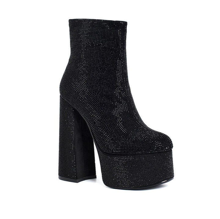 JOYKA Diamante Block Heel Platform Ankle Boots