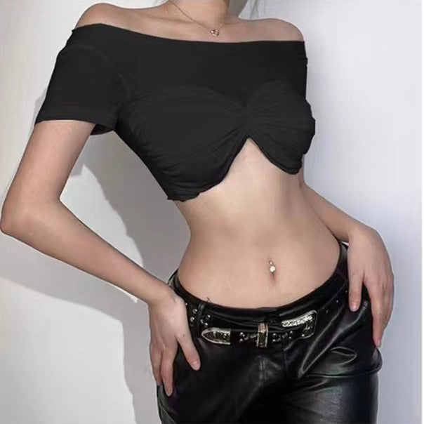 KECUA Off-Shoulder See-Through Cropped T-Shirt