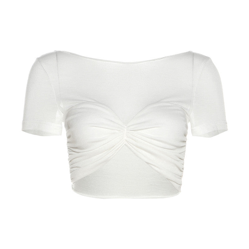KECUA Off-Shoulder See-Through Cropped T-Shirt