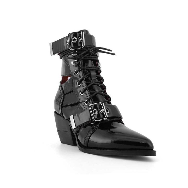 KUNIX Cut Out Patent Leather Biker Ankle Western Cowboy Boots