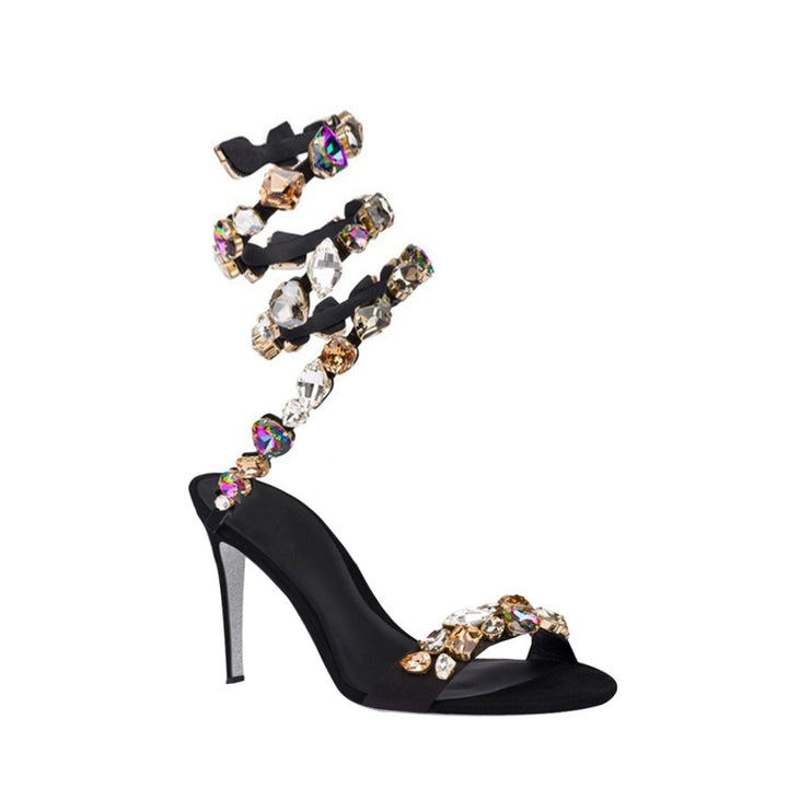 RADUI Diamante Wrap Mid Heel Sandals - 8cm