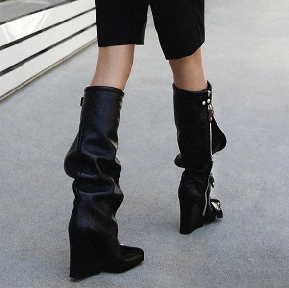 RAFOU Zip Leather Knee High Boots