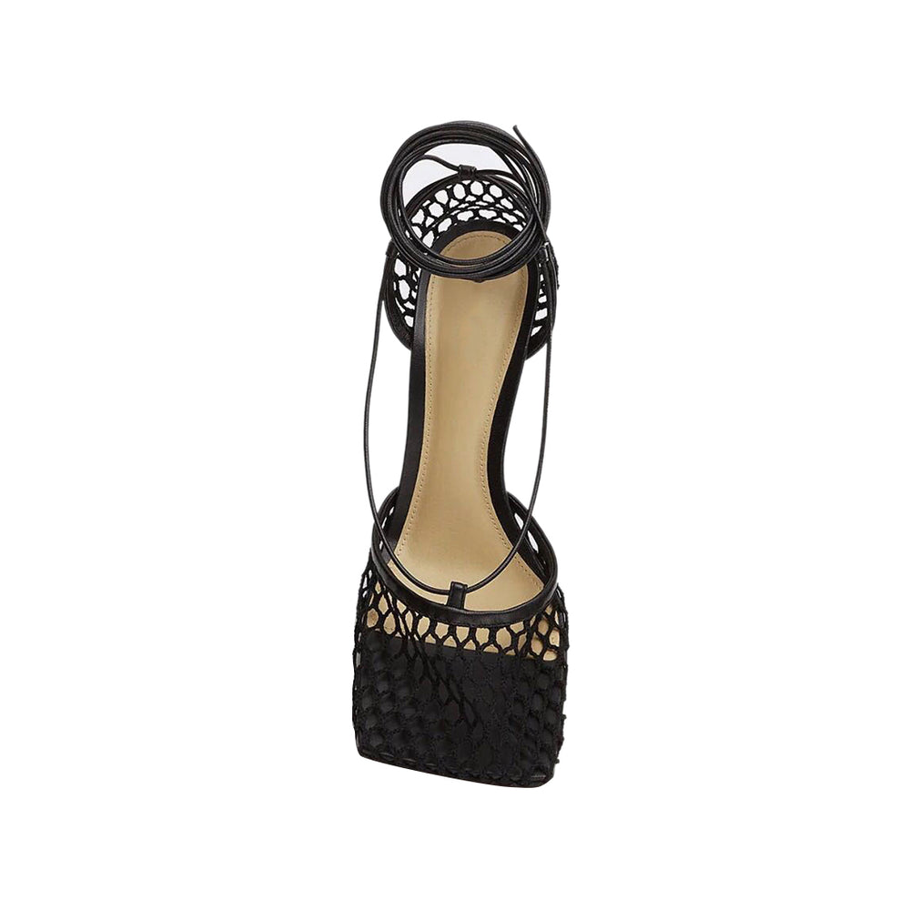 RAHOR Lace Up Fishnet High Heel Sandals - ithelabel.com