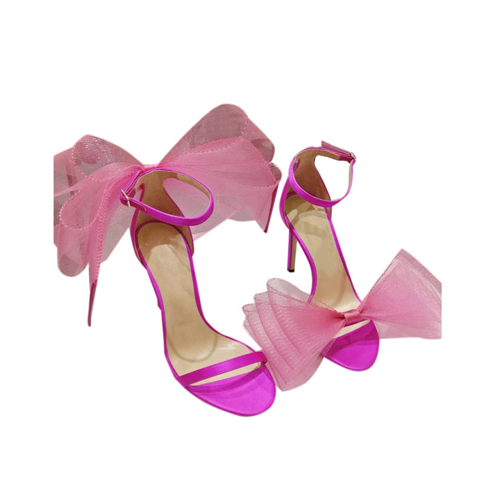 REGON Asymmetric Bow Embellished Satin Mid Heel Sandals - 8cm