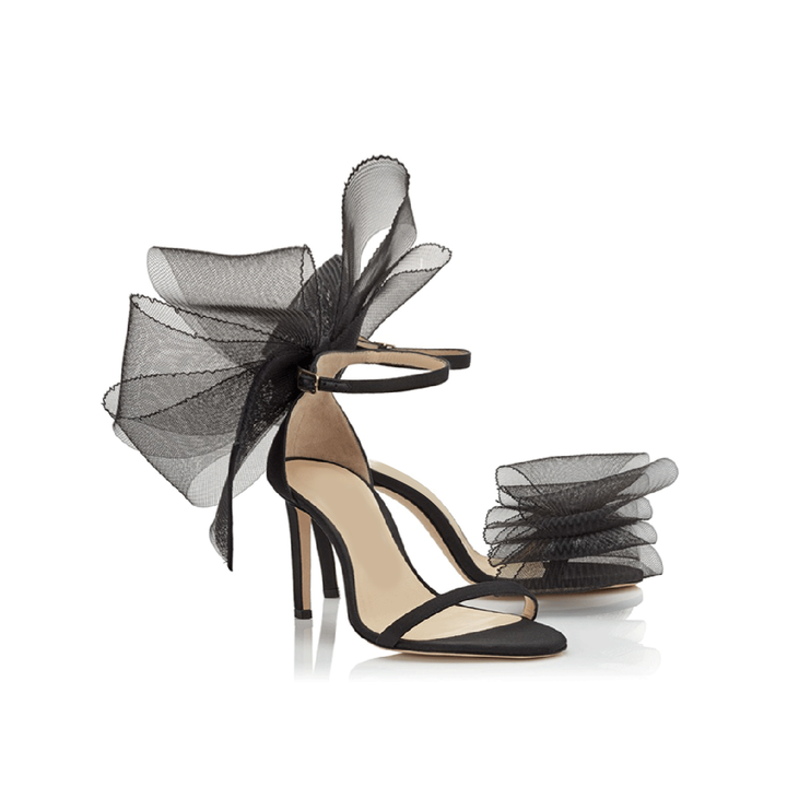 REGON Asymmetric Bow Embellished Satin Mid Heel Sandals - 8cm