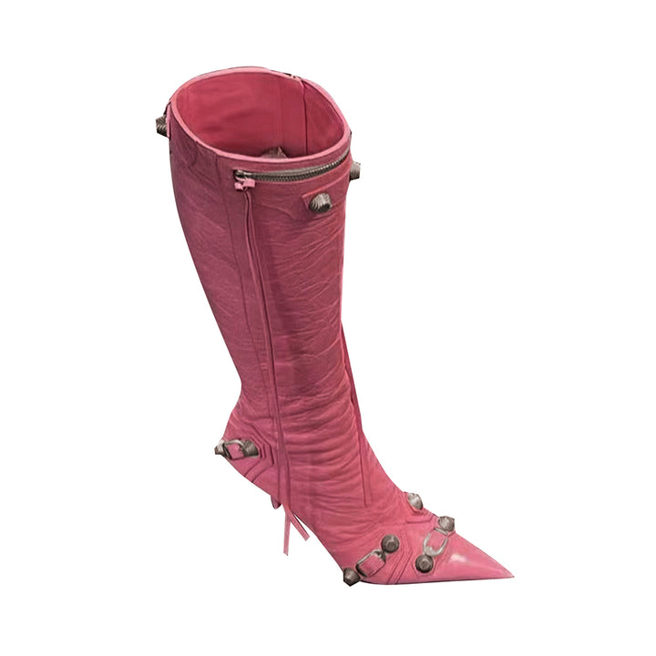 RETHA Studded And Buckled Leather Knee High Boots