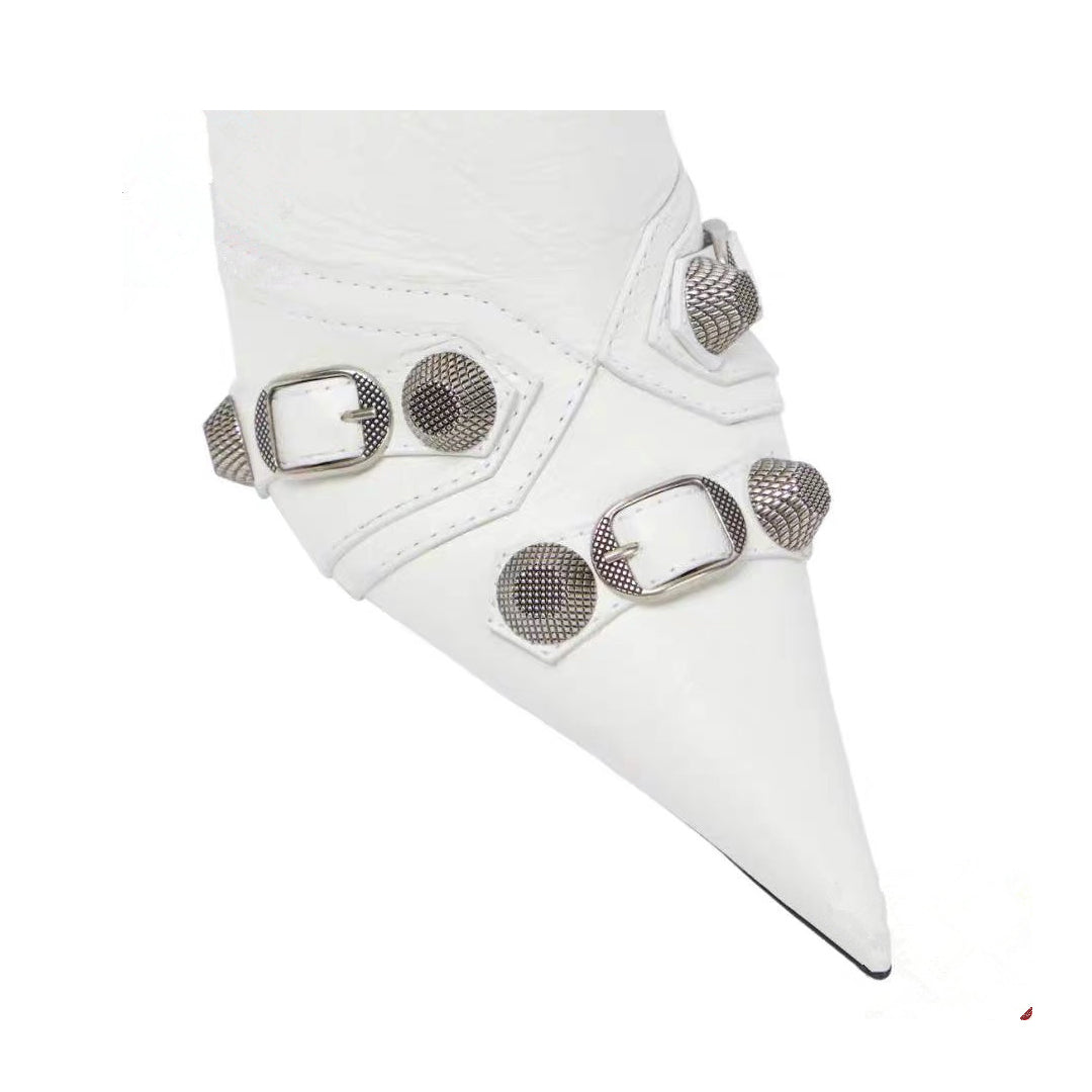 RETHA Studded And Buckled Leather Knee High Boots