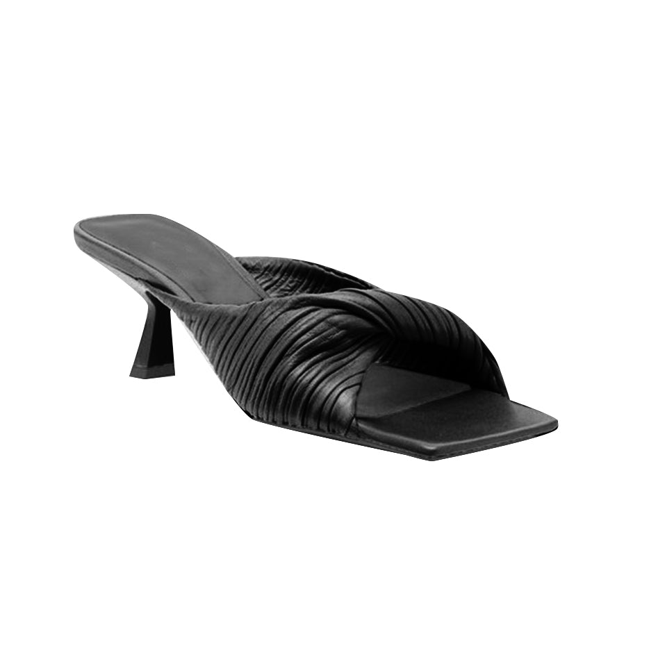 SOKIA Fold Detailed Leather Mid Heel Mules Sandals - 6cm - ithelabel.com