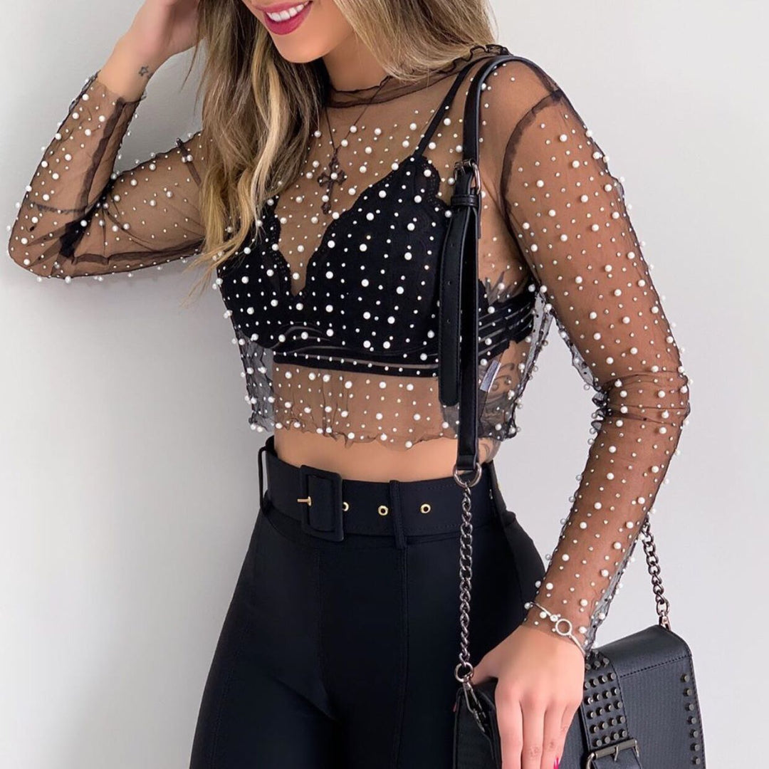 VERIL Pearl Embellished See-Through Top