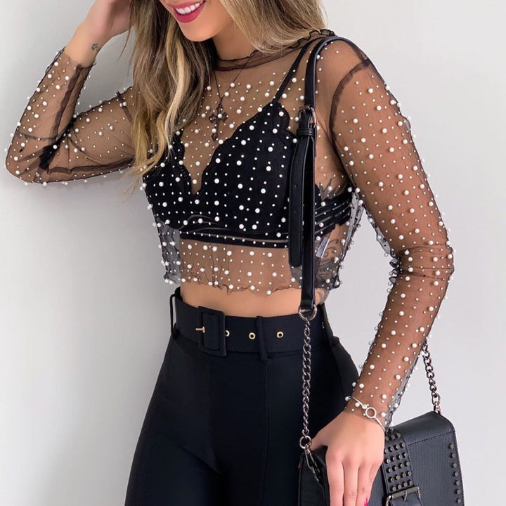 VERIL Pearl Embellished See-Through Top