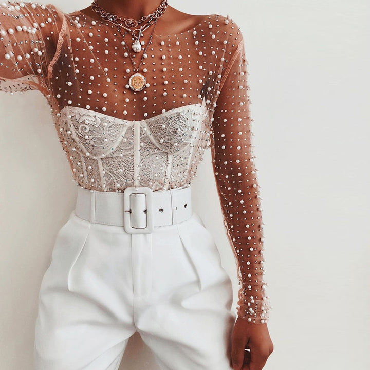 VERIL Pearl Embellished See-Through Top