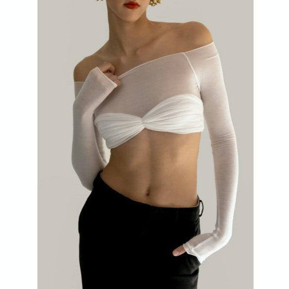 KECUA Off-Shoulder See-Through Cropped Top