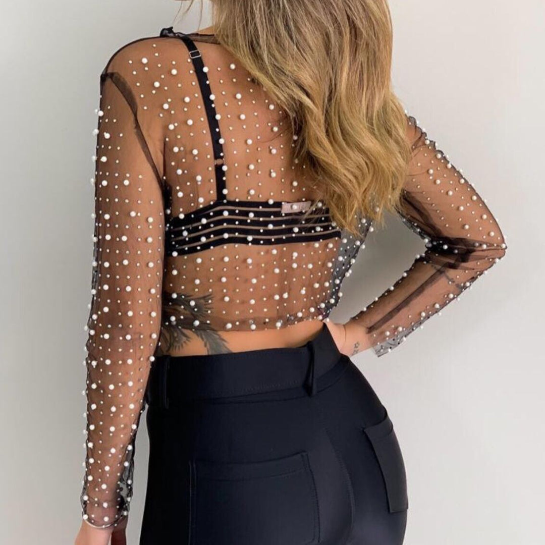 VERIL Pearl Embellished See-Through Top