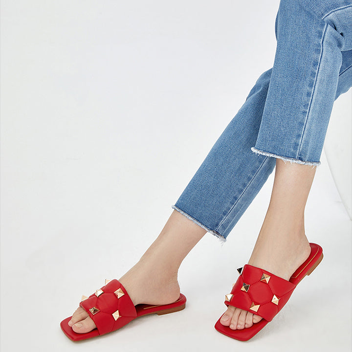 ANNAE Studded Leather Flat Slippers Slides