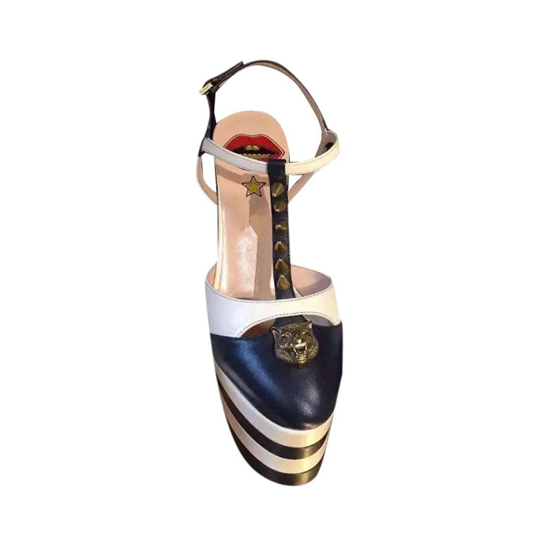 BESEY Striped T-Strap High Heel Platform Sandals - ithelabel.com