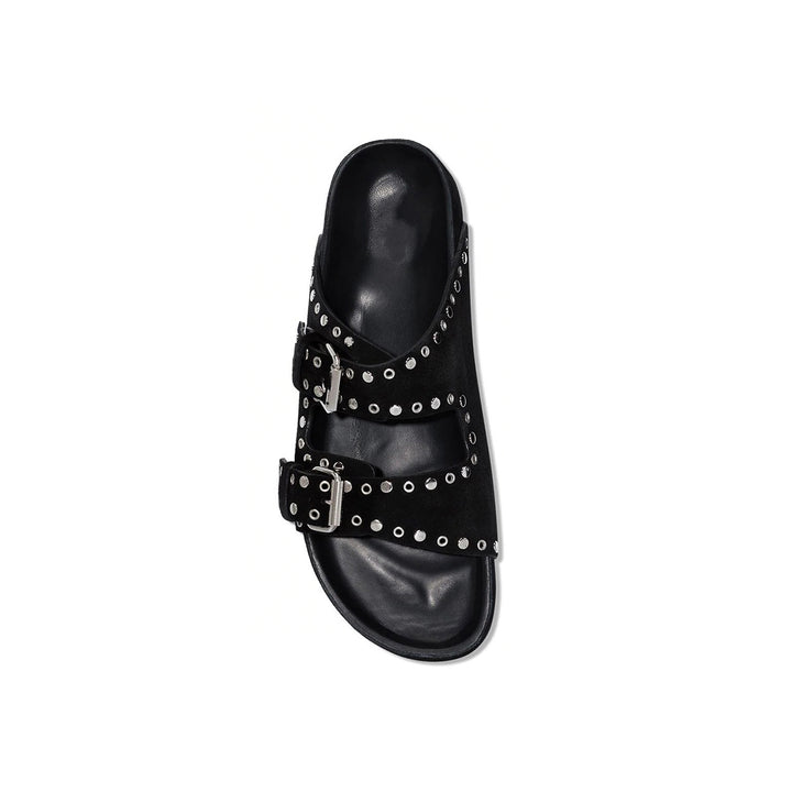 BIRIT Buckled Studded Leather Flat Slippers Slides
