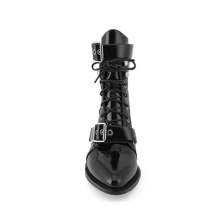 KUNIX Cut Out Patent Leather Biker Ankle Western Cowboy Boots