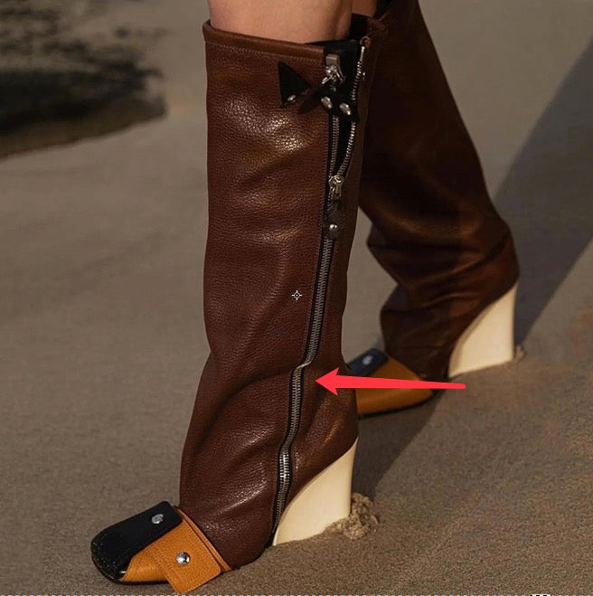 RAFOU Zip Leather Knee High Boots