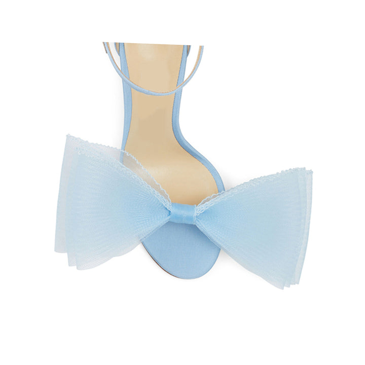 REGON Asymmetric Bow Embellished Satin Mid Heel Sandals - 8cm