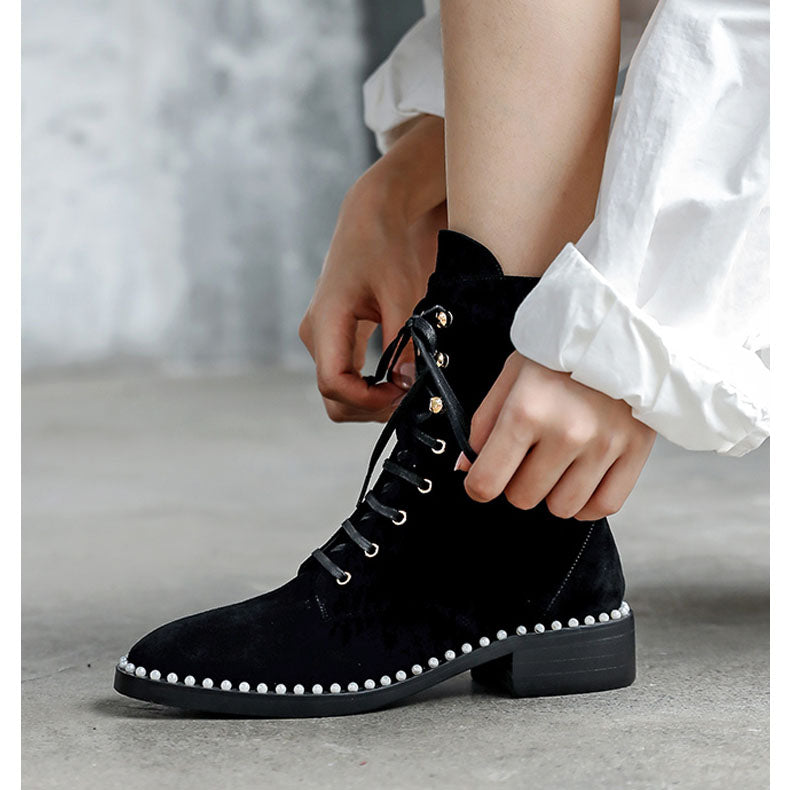 VISOT Lace Up Suede Biker Ankle Boots