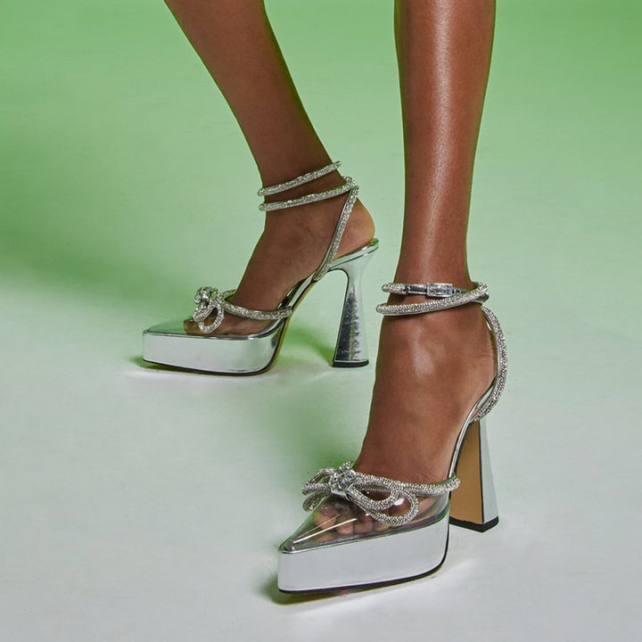 HERYI Diamante Bow Ankle Strap Platform Sandals