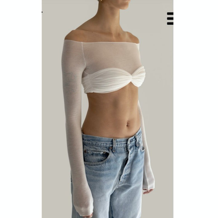 KECUA Off-Shoulder See-Through Cropped Top