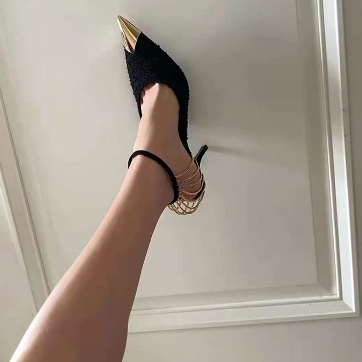 KENNA Metal Plated Chain Embellished Mid Heel Sandals - 6cm