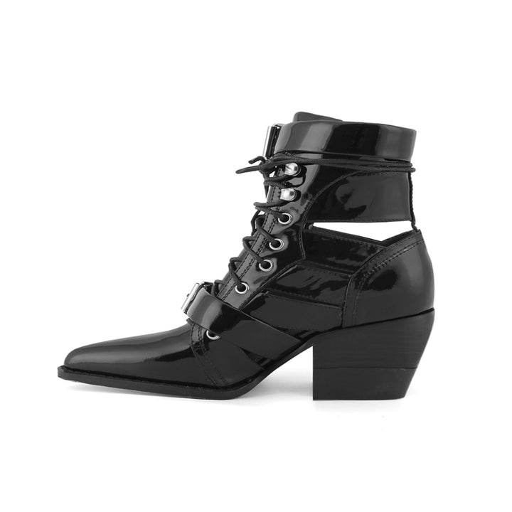 KUNIX Cut Out Patent Leather Biker Ankle Western Cowboy Boots