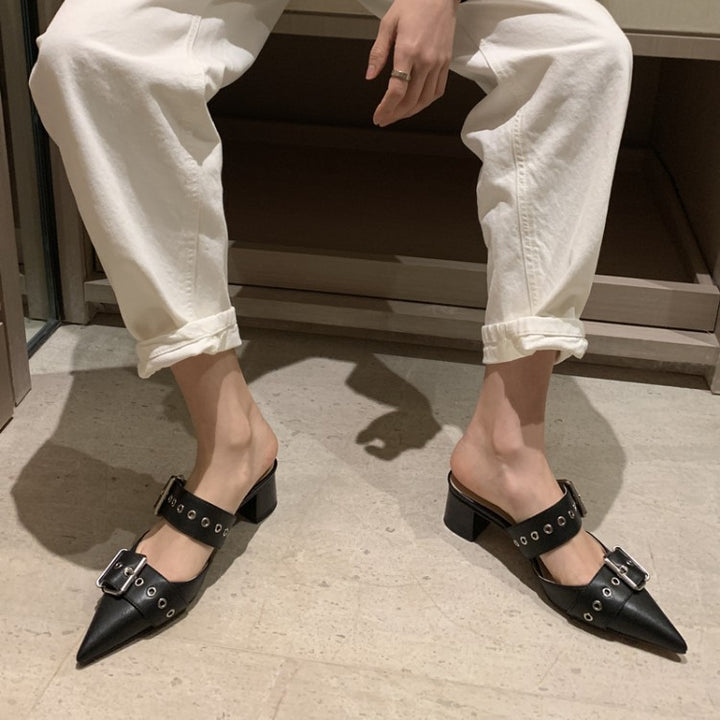 METUA Buckled Block Heel Mules Sandals