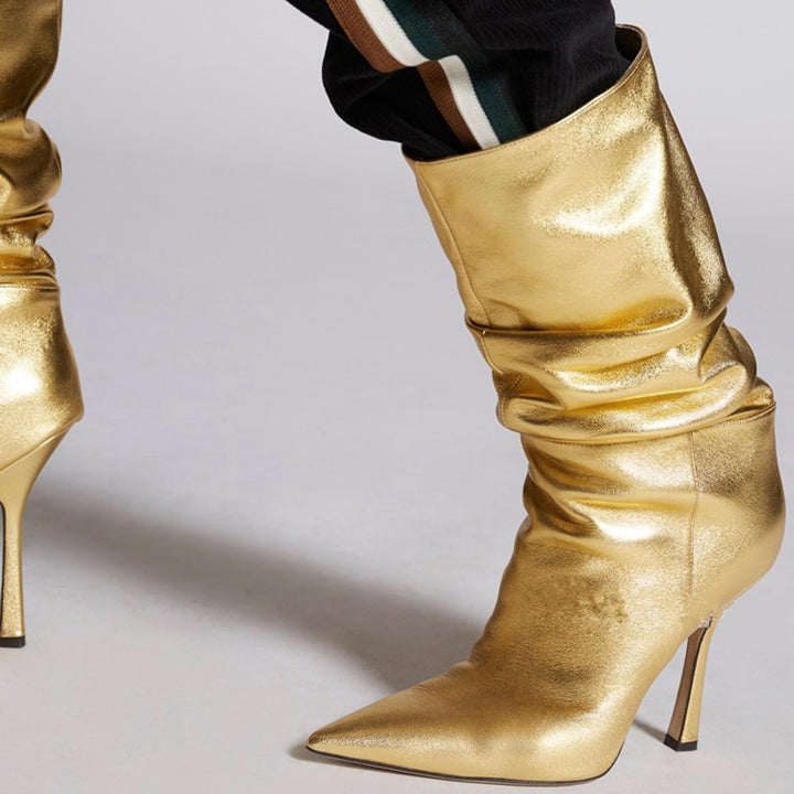 QITEN Stiletto Heel Leather Slouchy Ankle Boots
