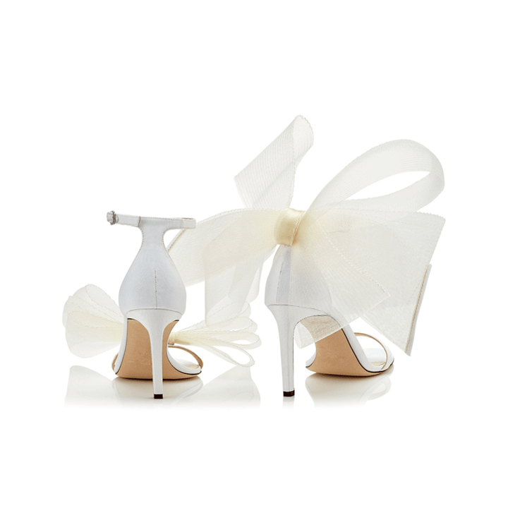 REGON Asymmetric Bow Embellished Satin Mid Heel Sandals - 8cm