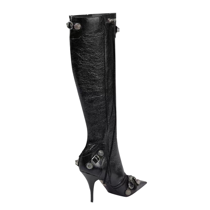 RETHA Studded And Buckled Leather Knee High Boots