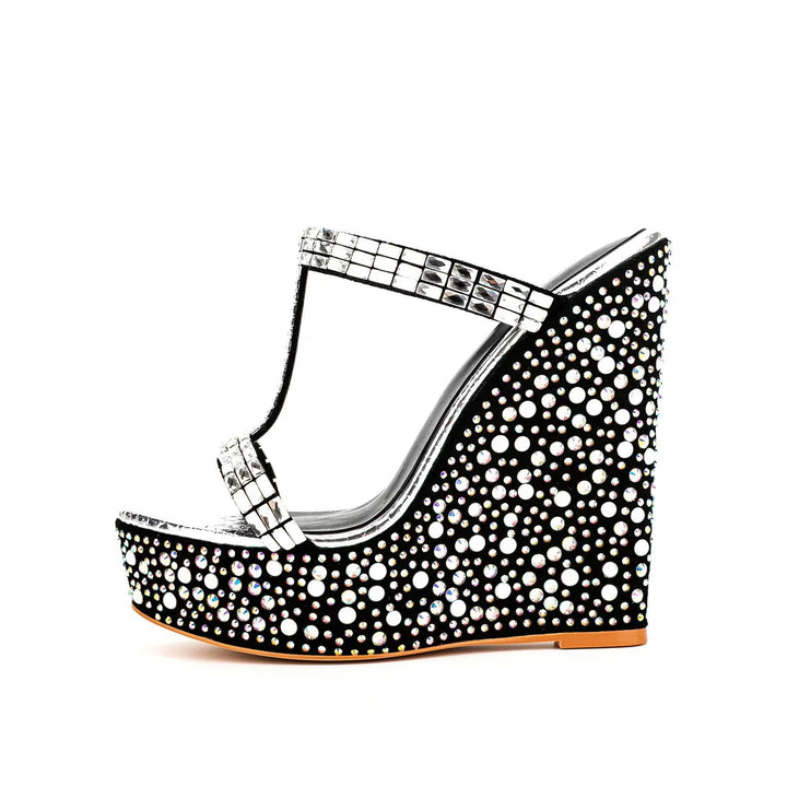 ROIKA Diamante Wedged Heel Mules Sandals