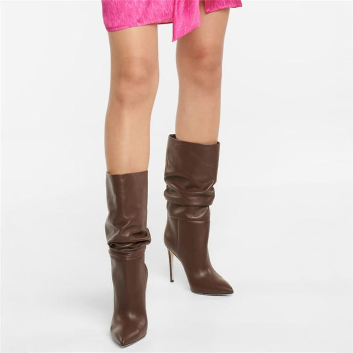 PINIY Stiletto Heel Leather Slouchy Ankle Boots