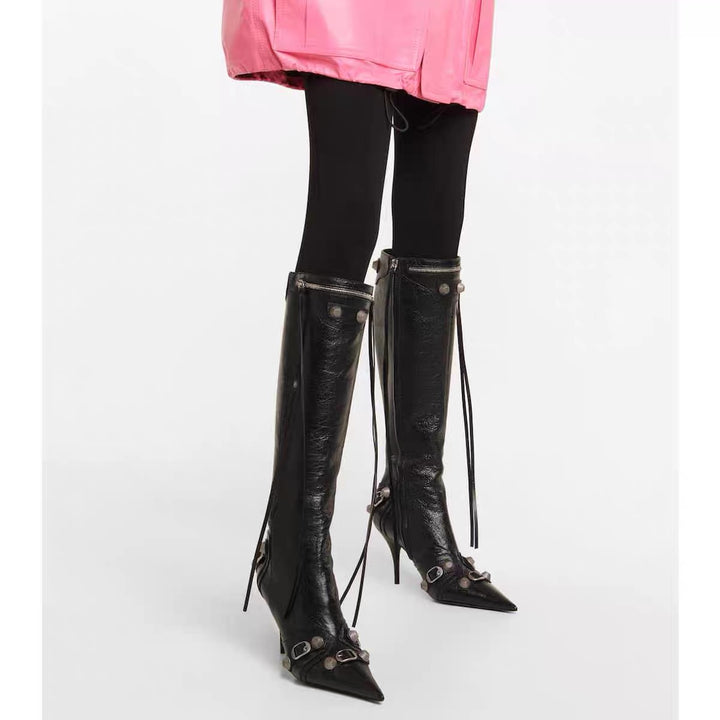 RETHA Studded And Buckled Leather Knee High Boots