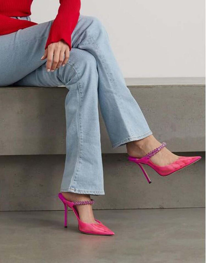 SUNRM Diamante PVC High Heel Mules Sandals