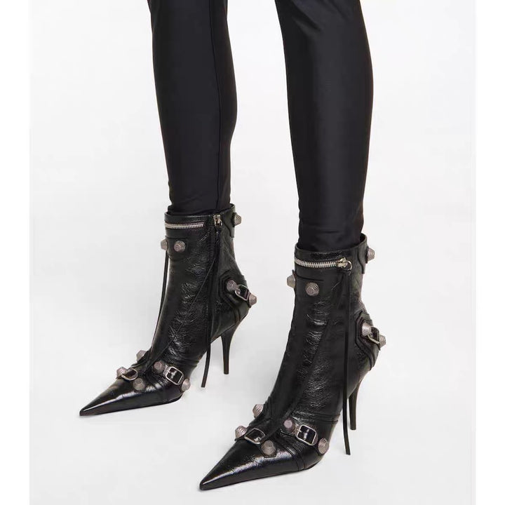 RETHA Studded And Buckled Leather Ankle Boots