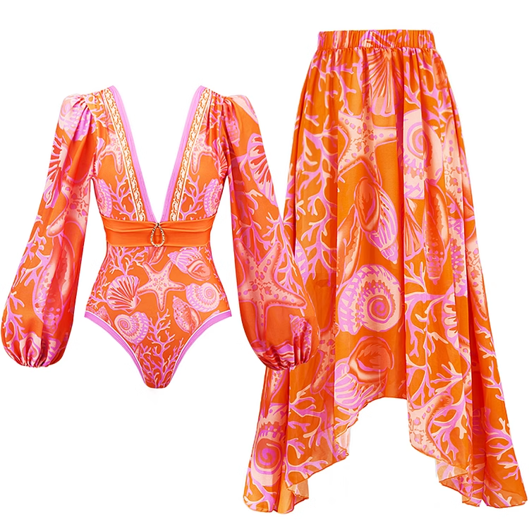 BOVRE Printed Long Sleeves Swimwear And Asymmetric Hem Skirt