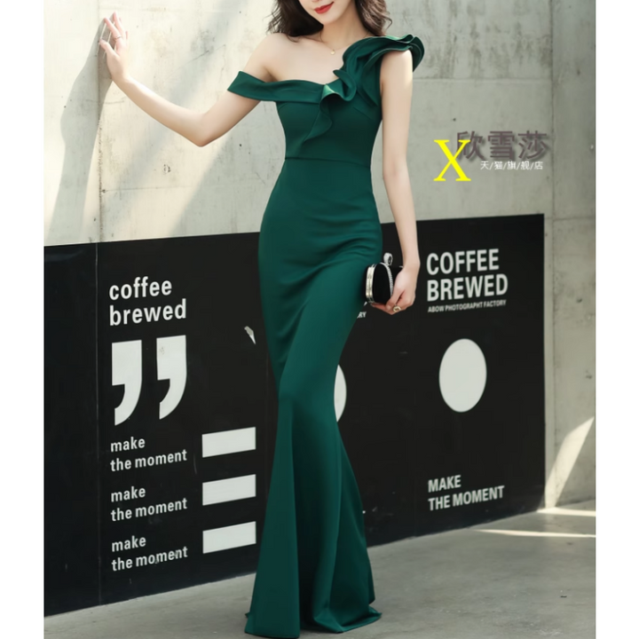 CAROV Ruffled Off-Shoulder Evening Dress Gown